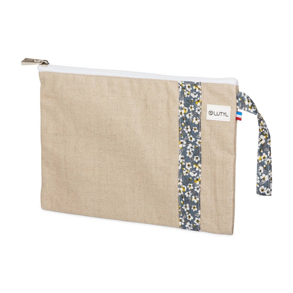 Lutyl - Pochette lin enduit fleurie grise
