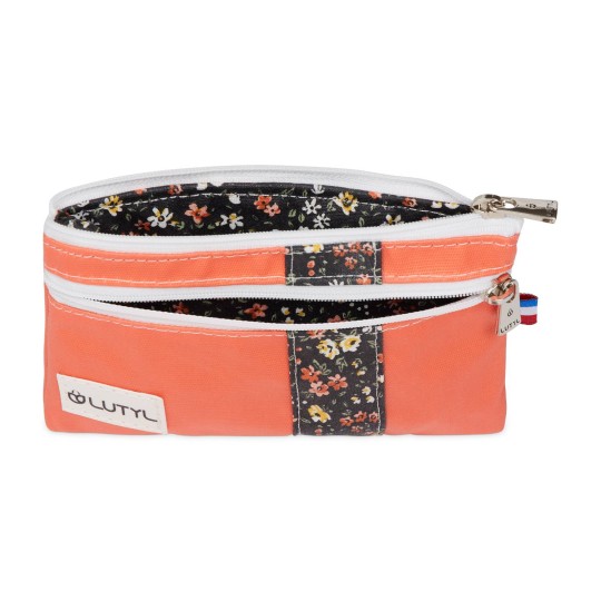 Lutyl - Porte monnaie - Porte carte coton enduit fleuri corail et fleurs