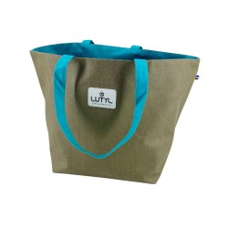 Vue de face du sac cabas Lutyl brun et turquoise, en toile enduite imperméable, fabriqué en France