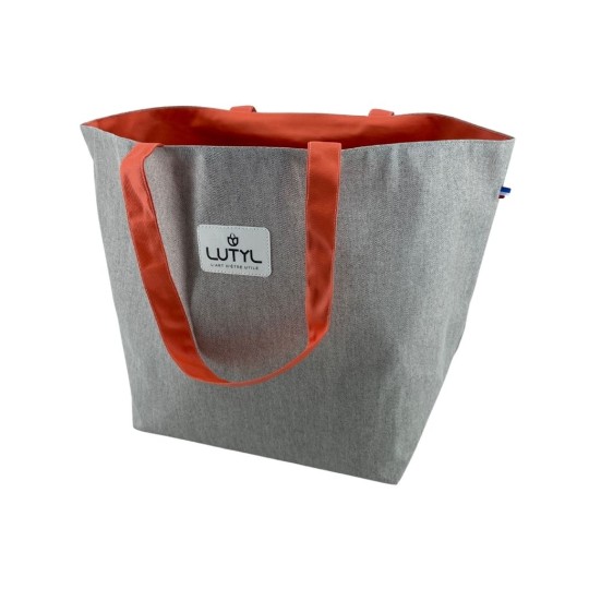 Vue de face du sac cabas Lutyl gris clair et orange, sac en toile enduite imperméable fabriqué en France