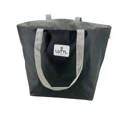 Vue de face du sac cabas Lutyl noir et gris clair, en toile enduite, imperméable, fabriqué en France