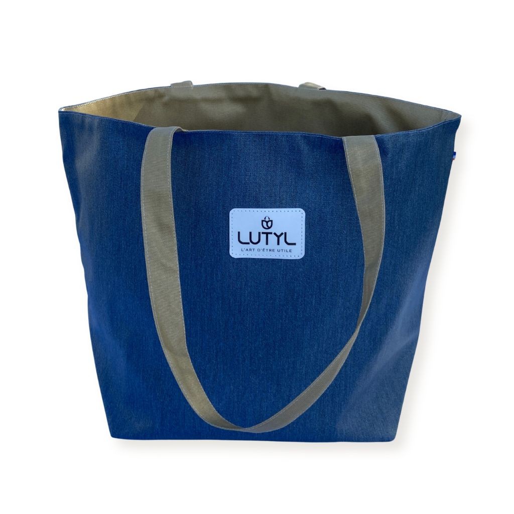 Sac cabas Lutyl classique bleu denim et beige – vue de face, toile enduite, fabriqué en France