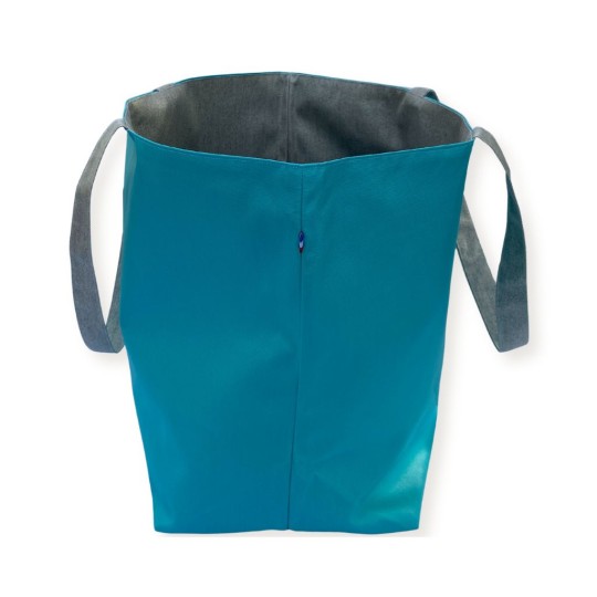 Sac cabas Lutyl classique bleu denim et beige – vue de côté, toile enduite, fabriqué en France