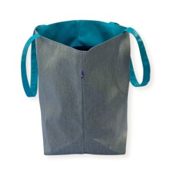 Sac cabas Lutyl classique gris et bleu turquoise – vue de côté, toile enduite, fabriqué en France