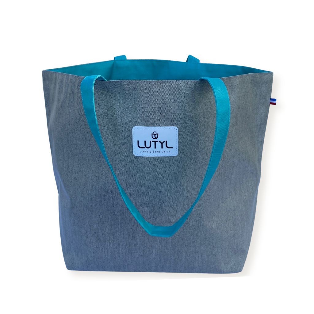 Sac cabas Lutyl classique gris et bleu turquoise – vue de face, toile enduite, fabriqué en France