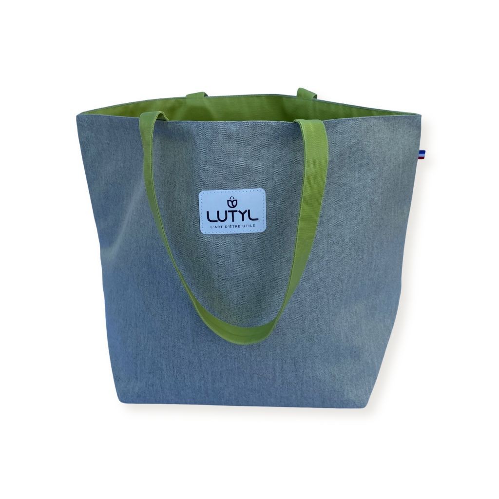 Sac cabas Lutyl classique gris et  vert anis – vue de face, toile enduite, fabriqué en France