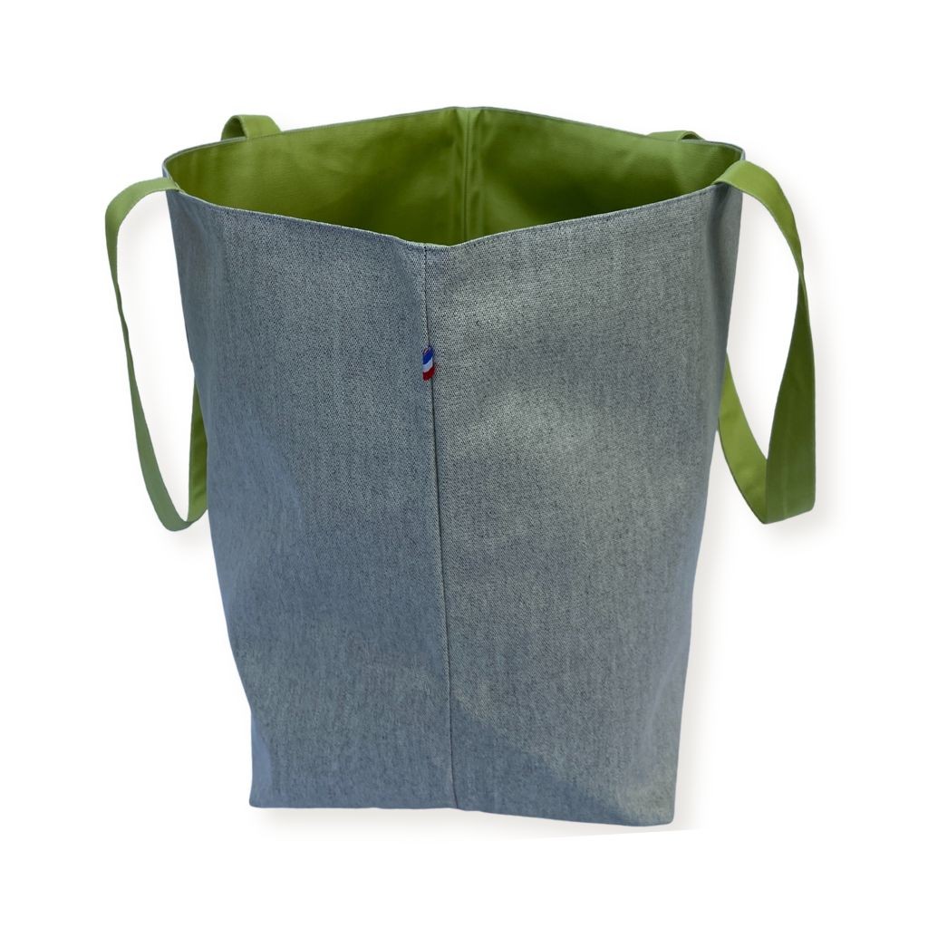 Sac cabas Lutyl classique gris et  vert anis – vue de côté, toile enduite, fabriqué en France