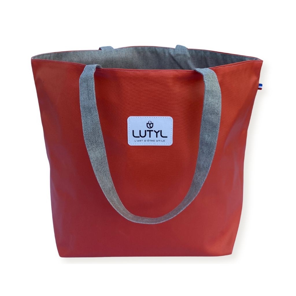 Sac cabas Lutyl classique corail et gris – vue de face, toile enduite, fabriqué en France