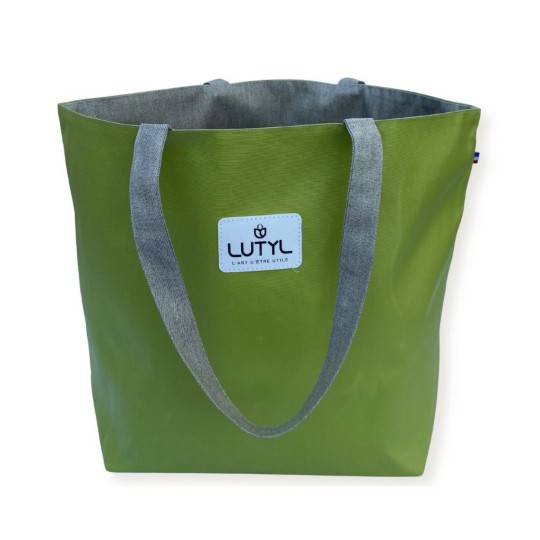 Sac cabas Lutyl classique verts anis et gris – vue de face, toile enduite, fabriqué en France