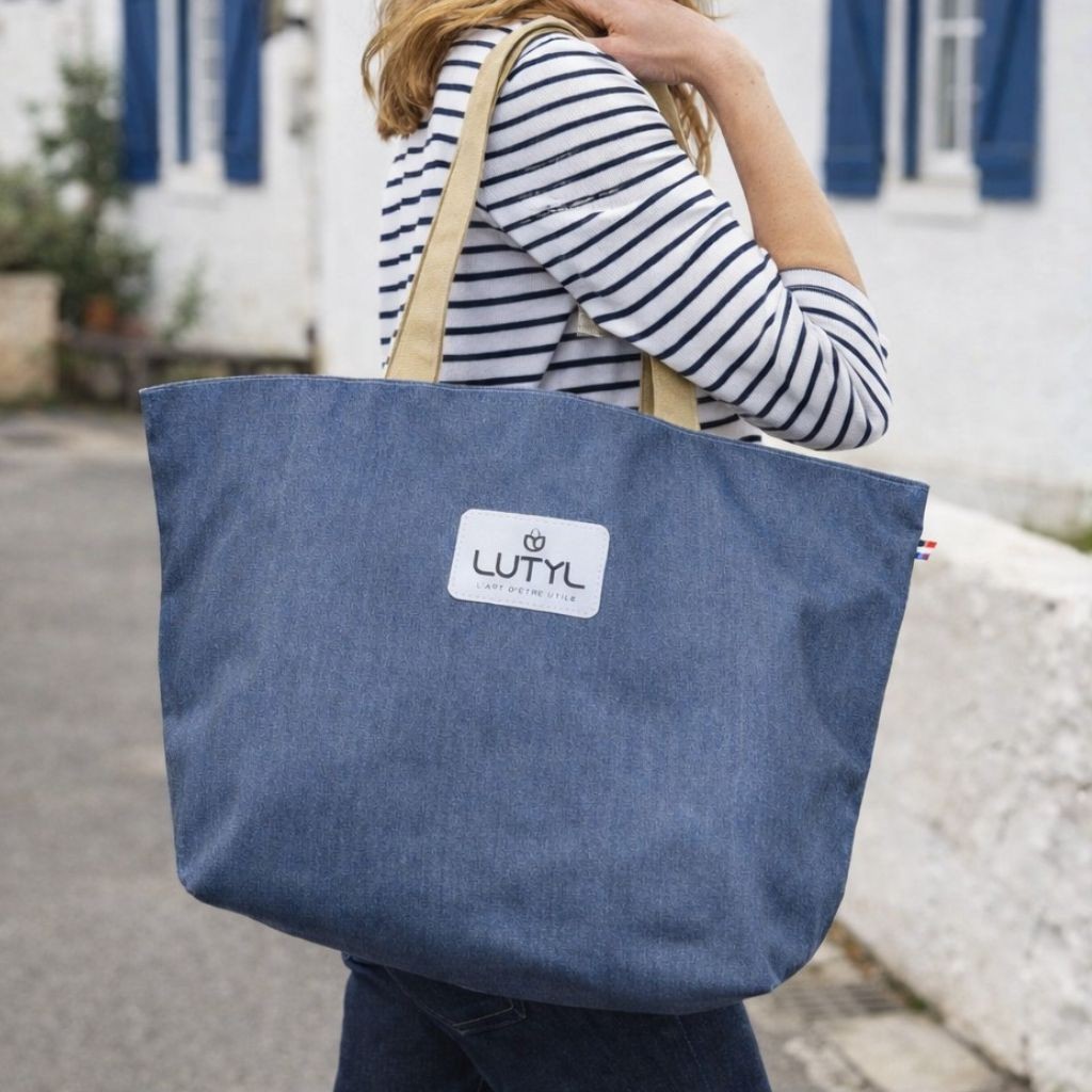 Sac cabas Lutyl classique bleu denim et beige – reel pays basque, toile enduite, fabriqué en France