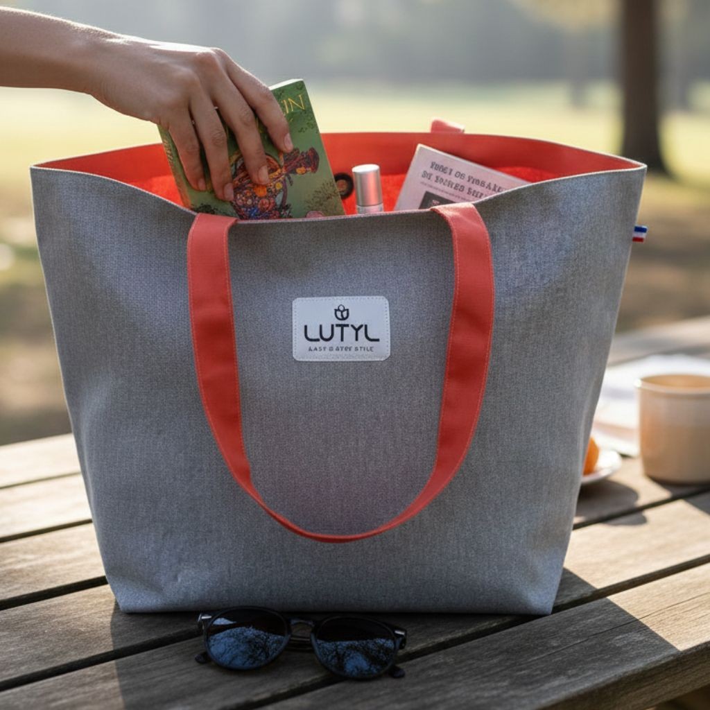 Sac cabas Lutyl classique gris et orange corail – en reel table, toile enduite, fabriqué en France