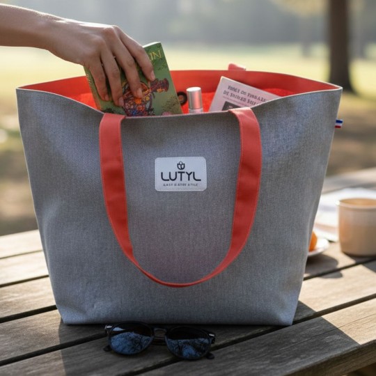 Sac cabas Lutyl classique gris et orange corail – en reel table, toile enduite, fabriqué en France