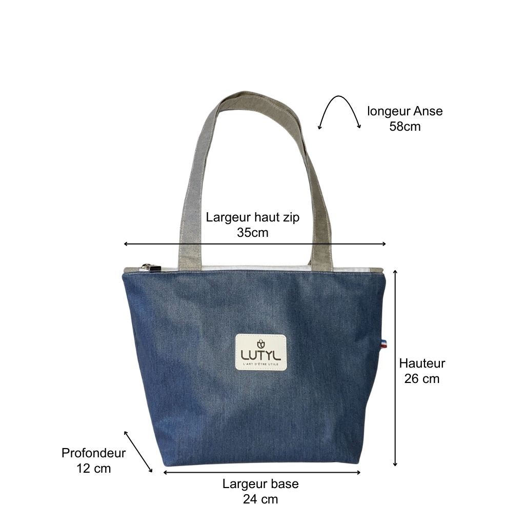 Dimensions du sac zippé classique Lutyl bleu denim – toile enduite – guide taille