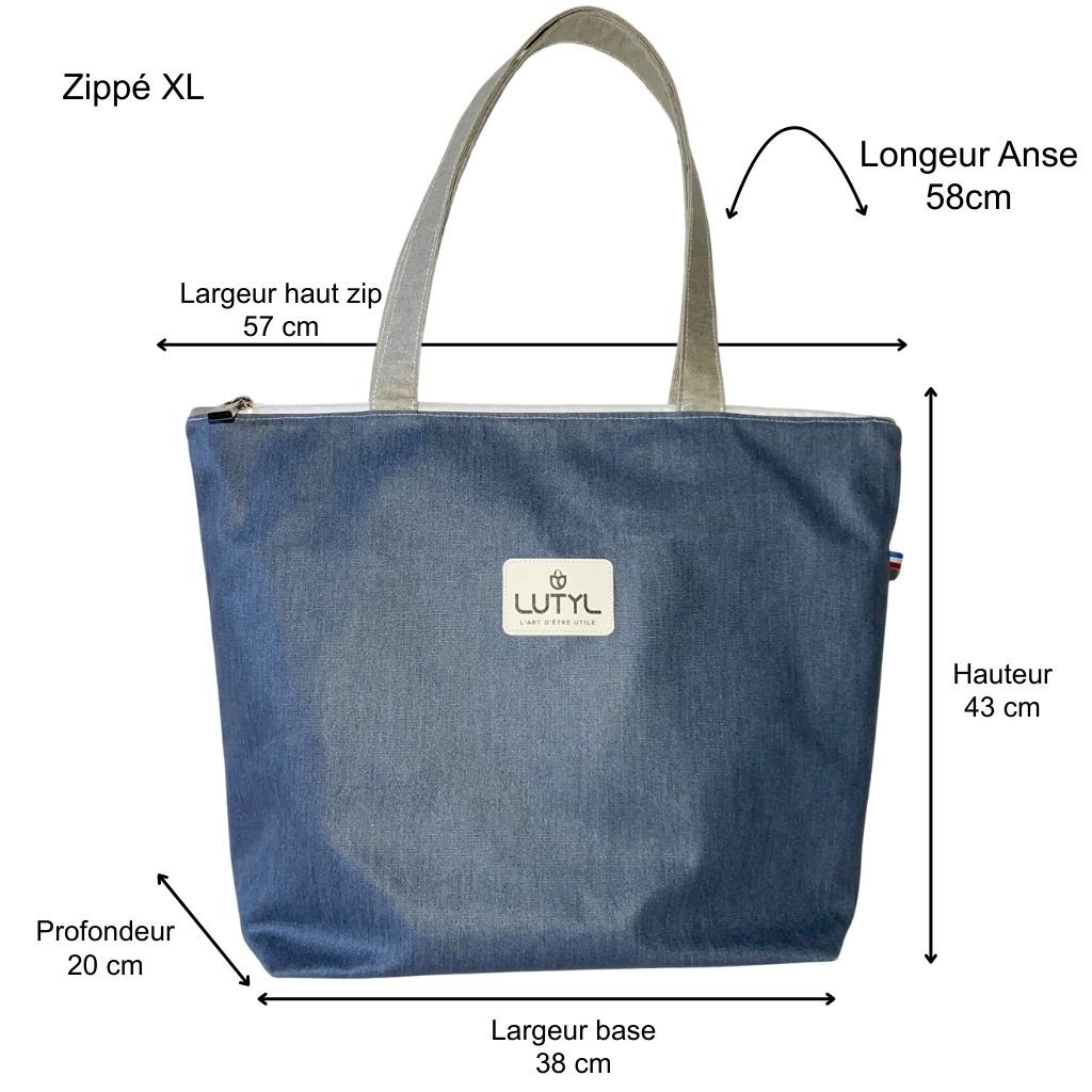 Dimensions du sac zippé XL Lutyl taupe – toile enduite – guide taille