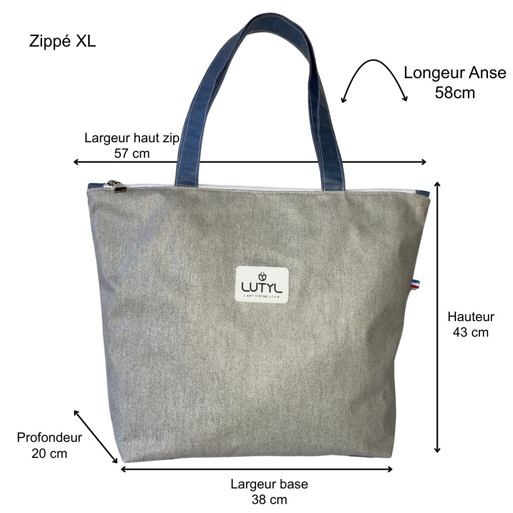 Dimensions du sac zippé XL Lutyl gris -toile enduite – guide taille