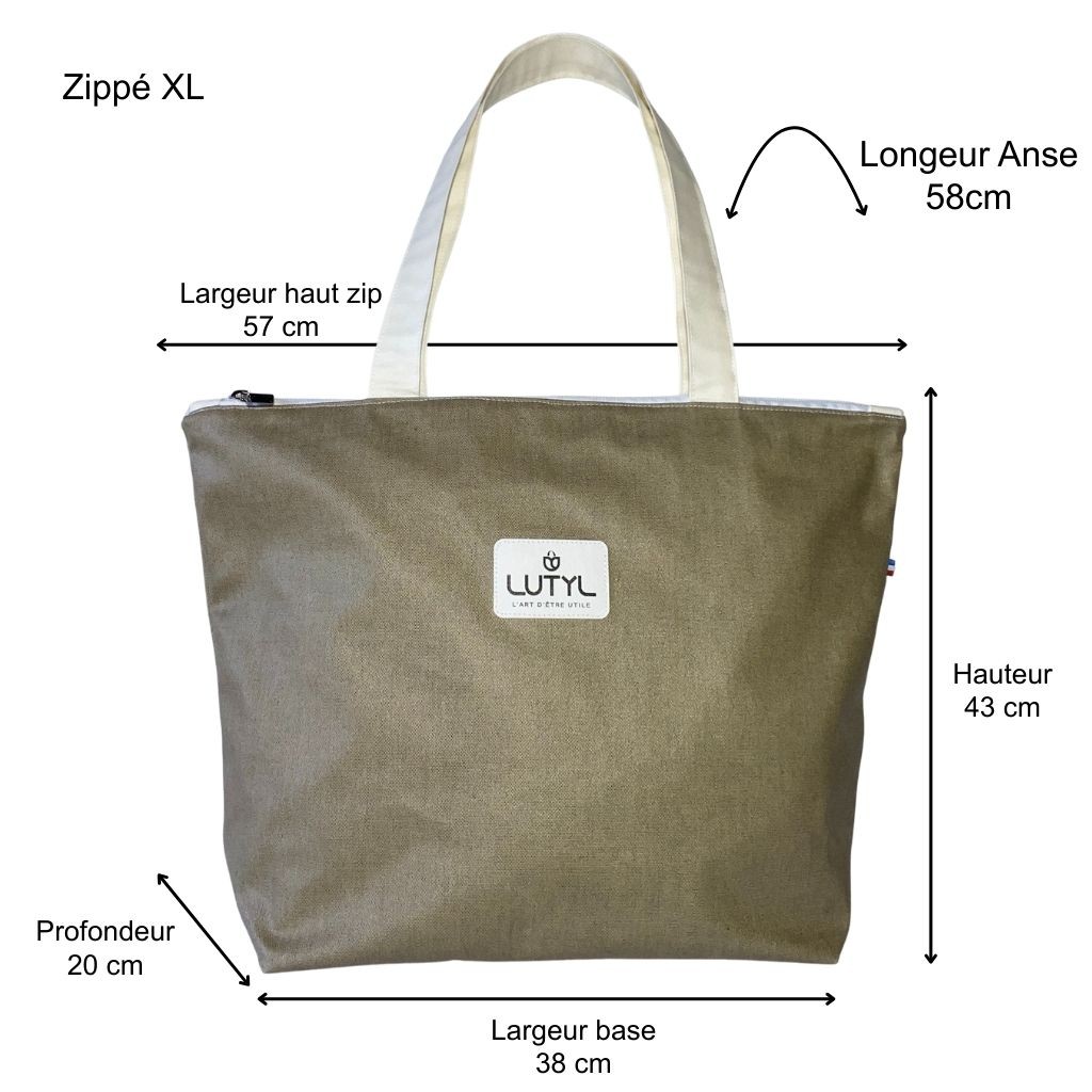 Dimensions du sac zippé XL Lutyl taupe – toile enduite – guide taille