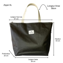 Dimensions du sac zippé XL Lutyl noir anthracite – toile enduite – guide taille