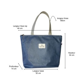 Dimensions du sac zippé classique Lutyl bleu denim – toile enduite – guide taille