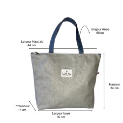 Dimensions du sac zippé classique Lutyl gris – toile enduite – guide taille