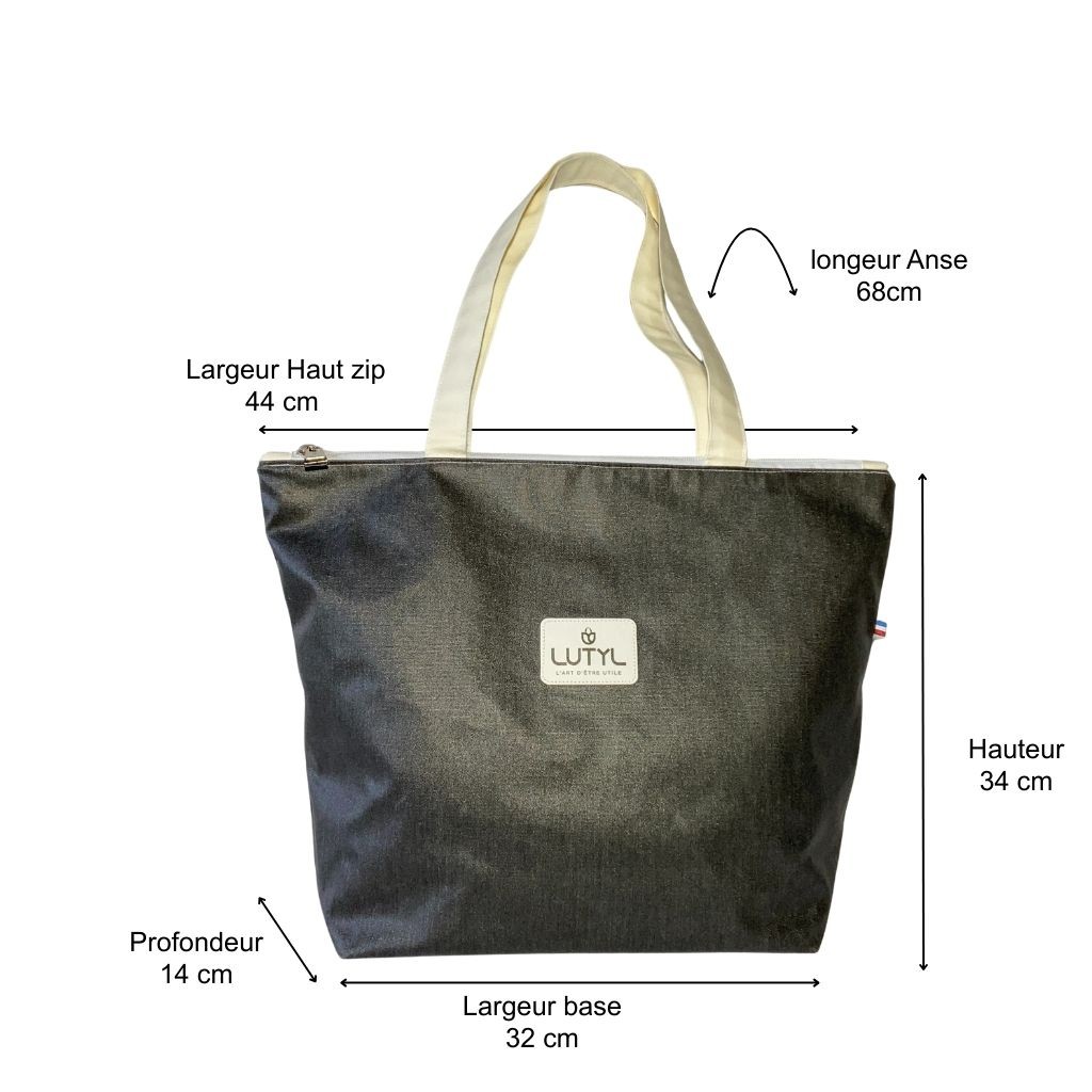 Dimensions du sac zippé classique Lutyl noir anthracite – toile enduite – guide taille